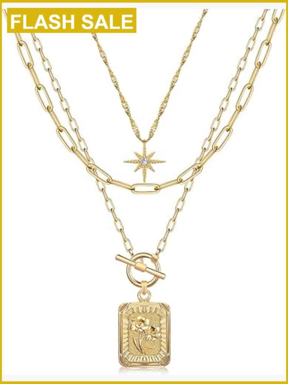 Trendy Layered Gold Star Birth Flower Necklace Set 3 Paperclip Chains